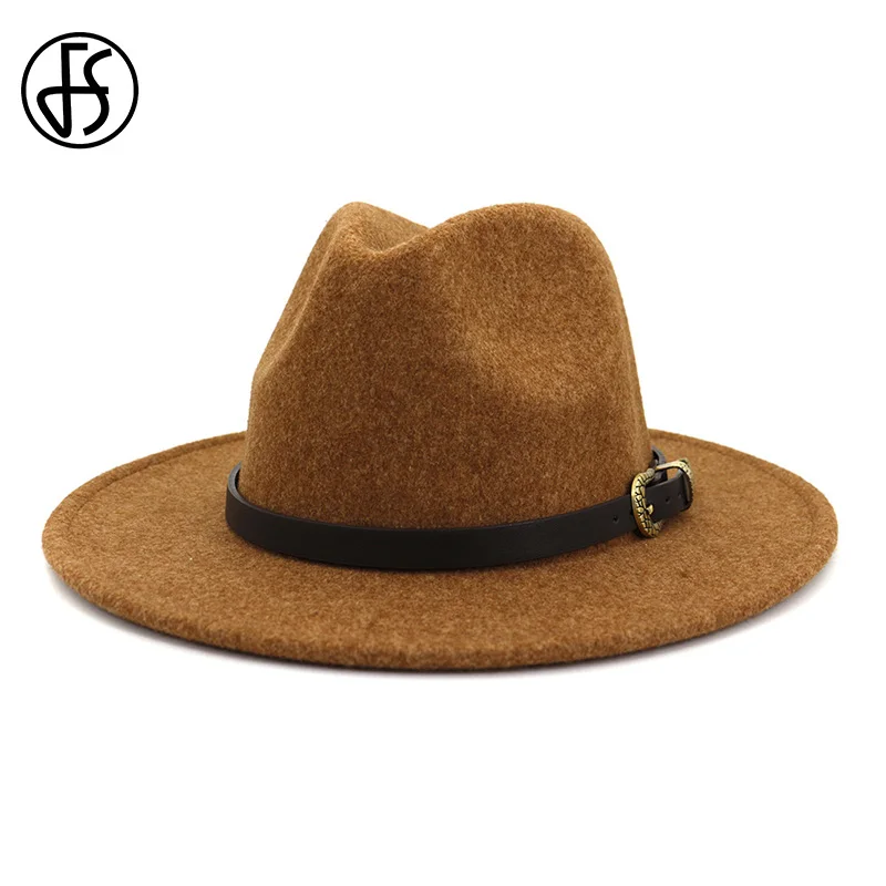Женская шерстяная шляпа FS бежевая или коричневая с широкими полями поясом 2020 |