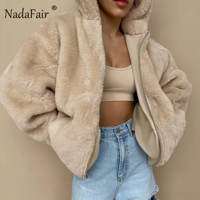 

Nadafair/зимнее толстое теплое меховое пальто для женщин, модное мягкое плюшевое пальто на молнии с капюшоном, Повседневная Свободная куртка из...