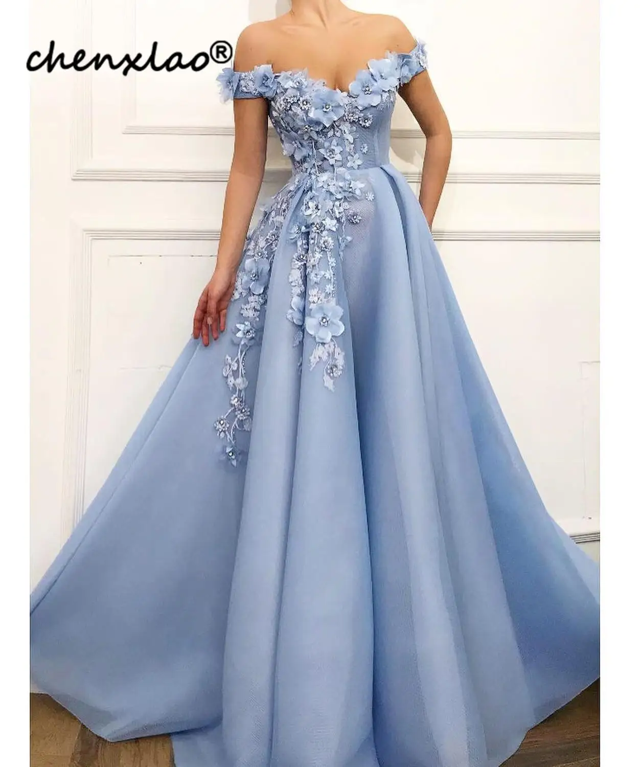 Небесно голубое вечернее платье вечерние платья с 3D цветами длинное в