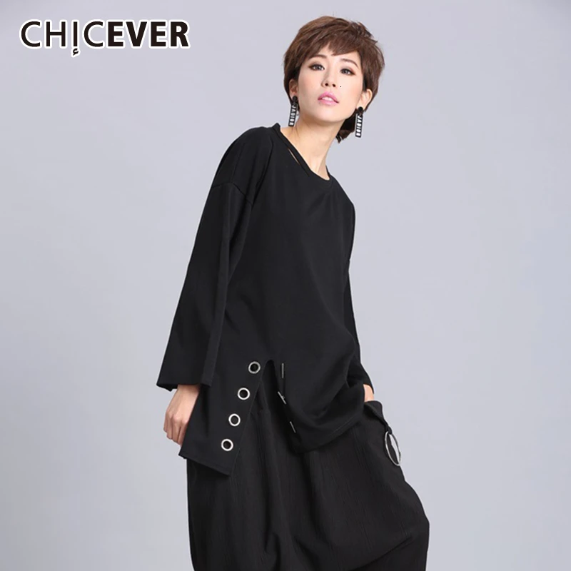 CHICEVER Корейская открытая женская футболка с круглым вырезом и длинным рукавом