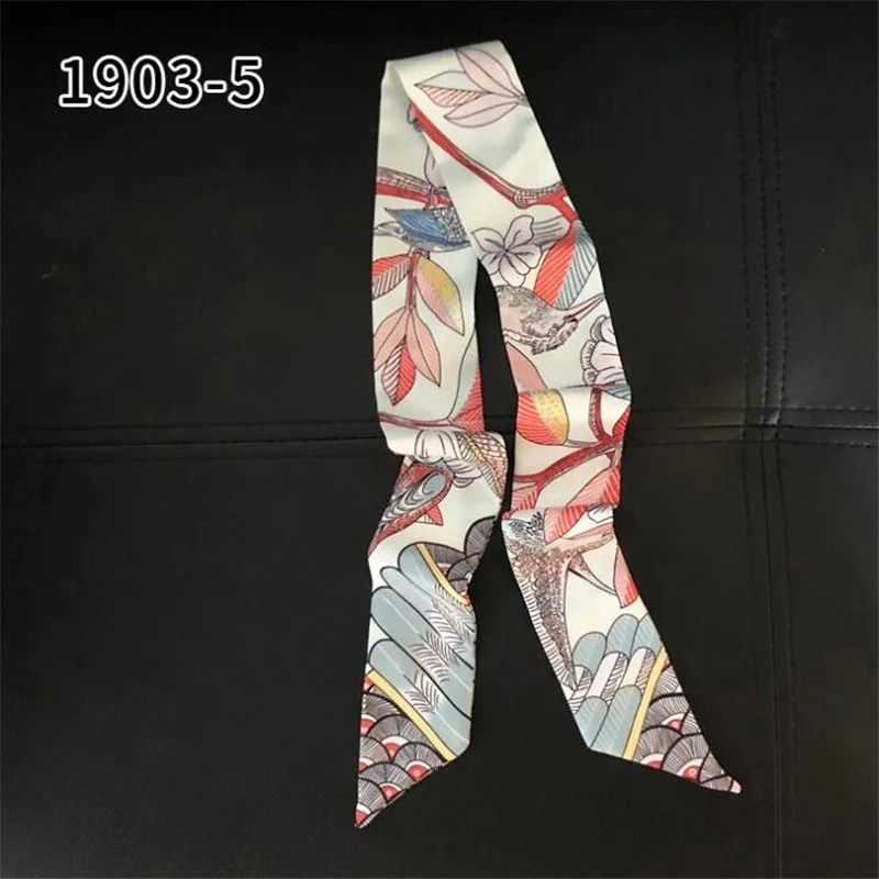 

2019 New Design Fashion Skinny Scarf Floral Print Women Silk Scarf Small Handle Bag Ribbons Female Head Scarves&Wraps For Bag