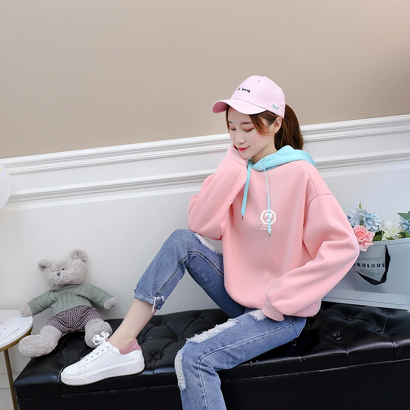 

Женские толстовки с капюшоном Kpop, повседневные корейские свободные флисовые свитшоты на весну и осень Got7 в стиле пэчворк, свитшоты с вырезо...