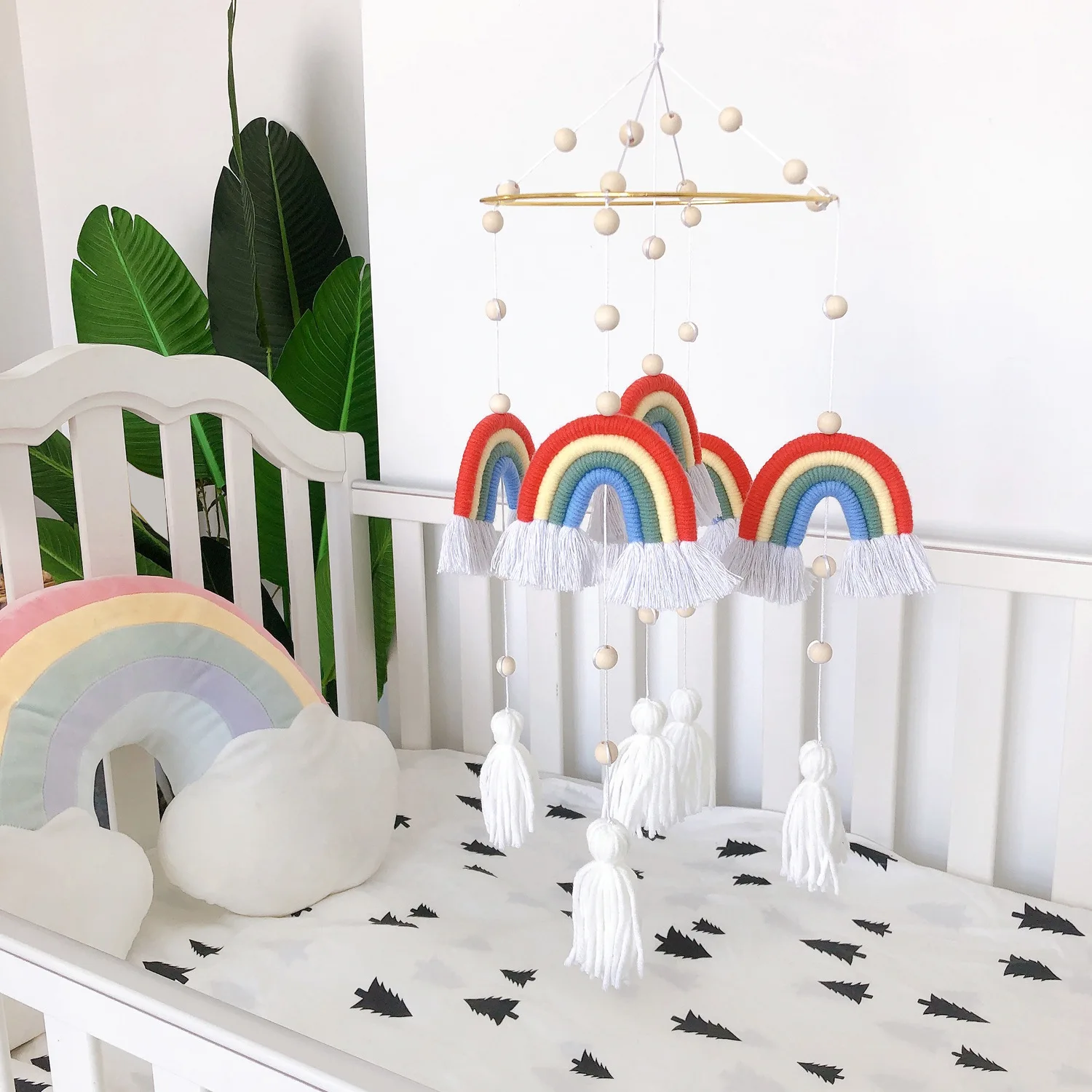 

Rattles Crib Mobiles Toy Bed Bell For Newborn Baby Rainbow Tassel 0-12M Carousel Cots Projection Dropshipping Wooden Baby Toys