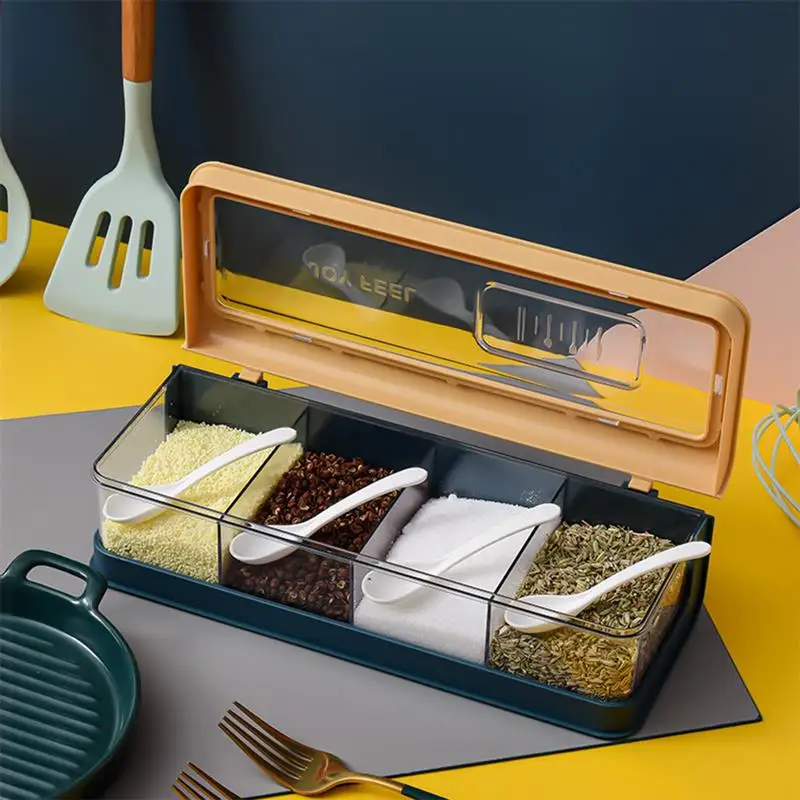 

Spice Jar Transparent Four Grid with Four Spoon Seasoning Box Multifunction Seasoning Container Set Kitchen Storage Box