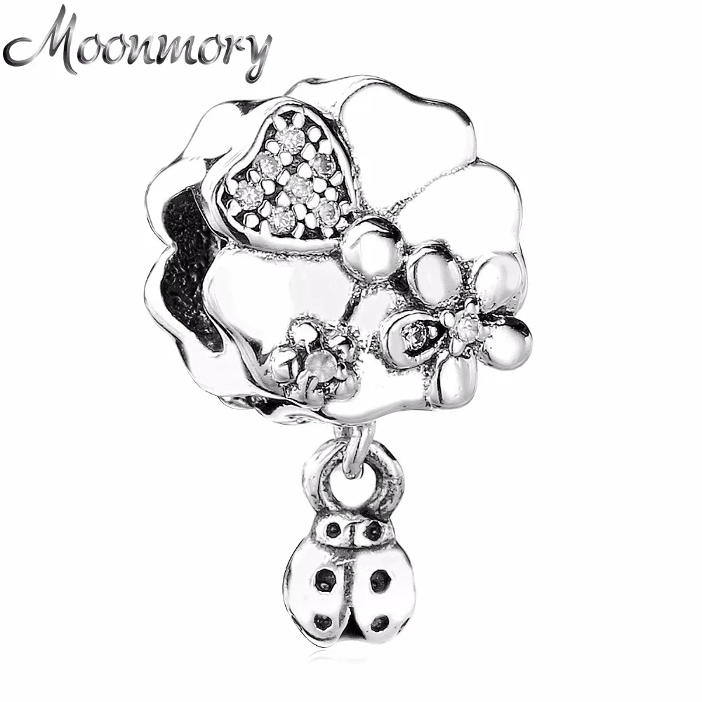 Moonmory Настоящее серебро 925 пробы Божья коровка Луг дикий цветок с прозрачными