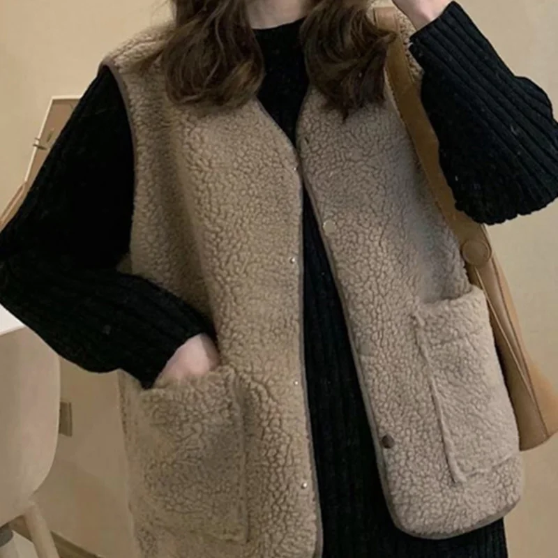 

Spring and Autumn 2021 New French Imitation Lamb Wool Thickened and Warm, with Loose Sleeveless Vest Coat for Women