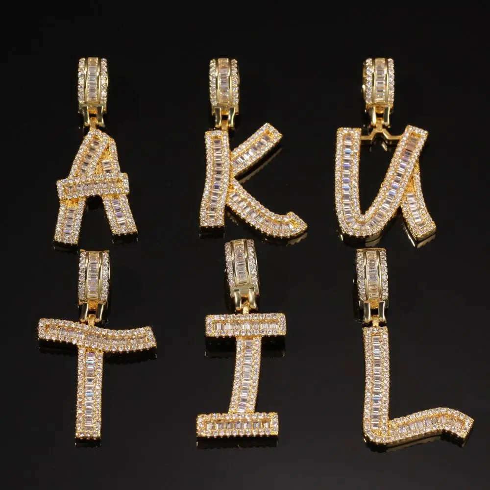 A-Z Gold Baguette Initials Letters Pendant Necklace Fashion Iced Out Cubic Zriconia Men's chain Hip hop Jewelry | Украшения и