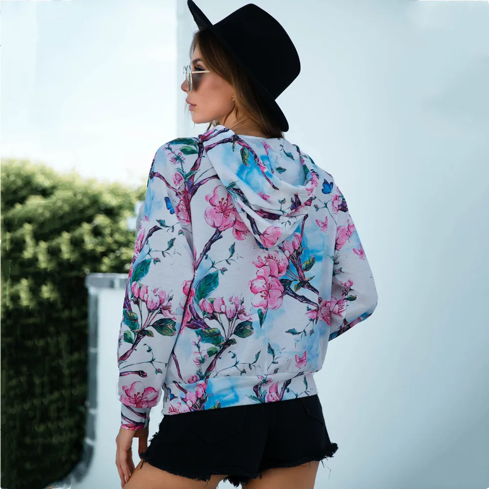 

2021 Fall Winter Floral Print Hooded Pocket Sweatshirt Women Casual Pullover Hoody Hoodies Streetwear Femme Polerones De Mujer