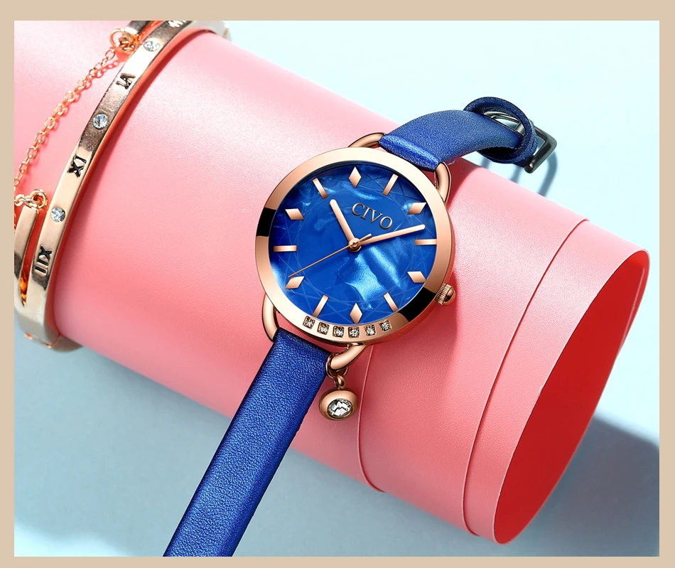 Relogio feminino CIVO модный синий кожаный ремешок женские наручные часы Роскошные Кристальные водонепроницаемые повседневные часы женские подарочные часы