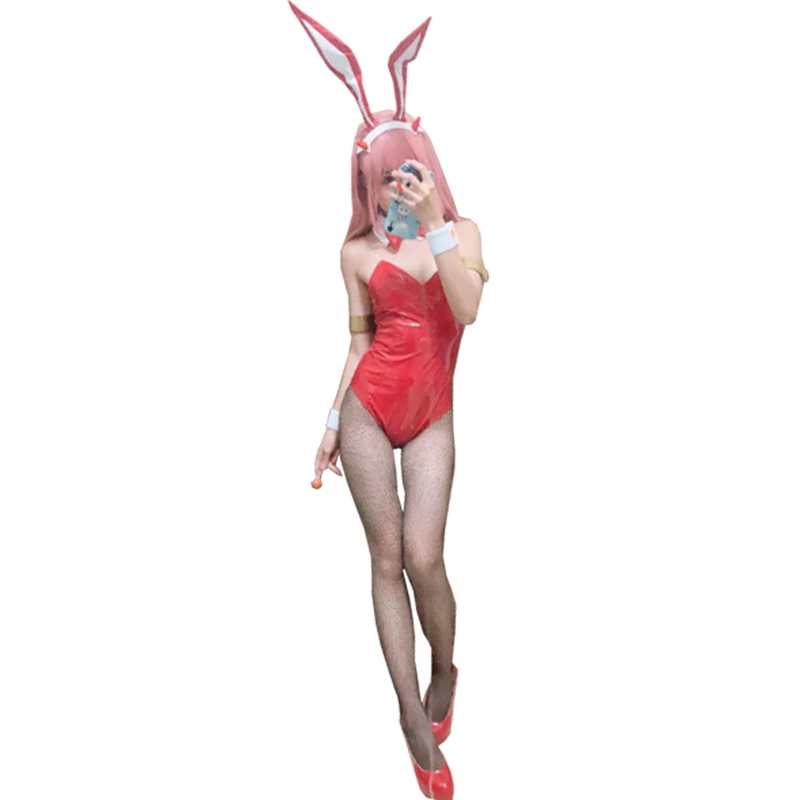 

Halloween Anime DARLING in the FRANXX CODE:002 Zero Two Bunny Girl Cosplay Costume Wig Sexy Women Jumpsuit Red Leather Suit 11