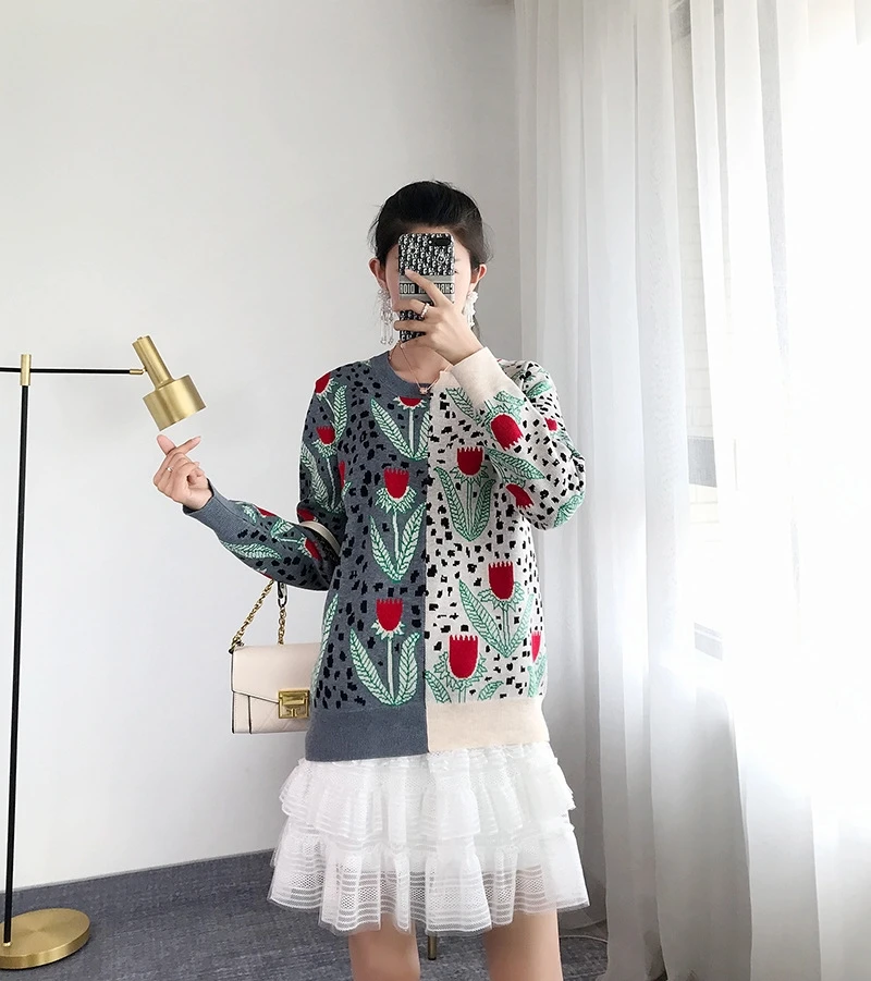 Свободный жаккардовый вязаный свитер для женщин 2019 осенний лоскутный