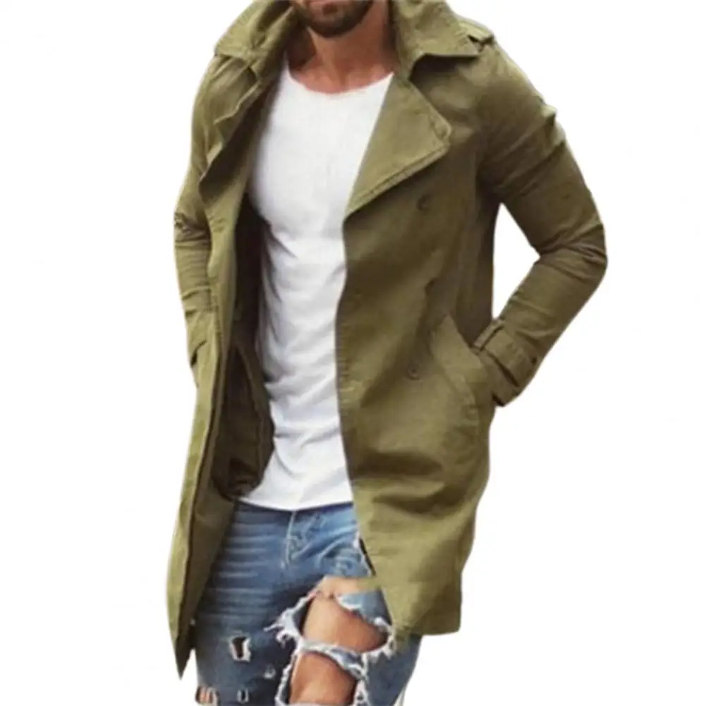 

British Style Men Coat Windbreaker Cardigan Lapel Pockets Slim Solid Color Trench Coat Winter Warm Outerwear Oversize