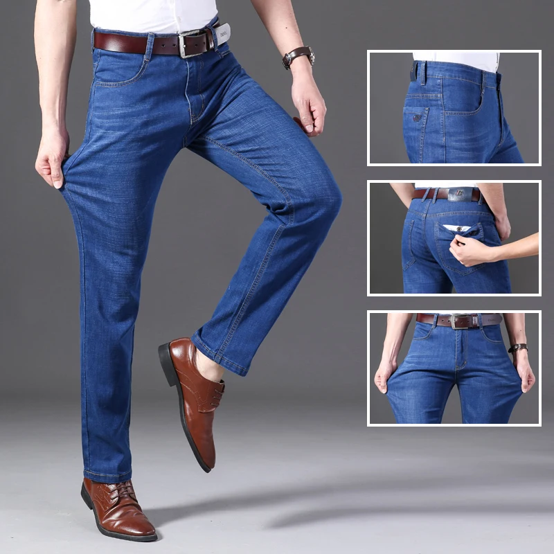 

Джинсы-стрейч мужские, черные и синие, классические, для лета, 2020