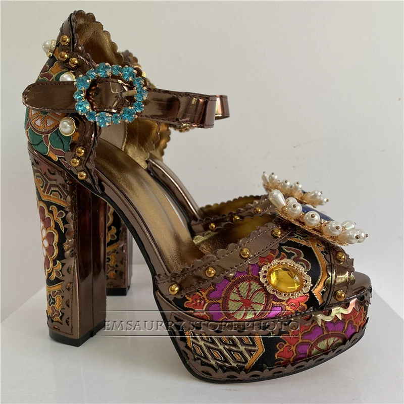 Exotic Style Embroidery Satin Wedding Shoes Woman Chunky Heel Diamond Plarform Beaded Rivet Flower Summer Sandals Women images - 6
