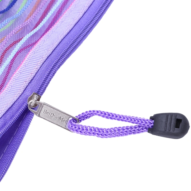 

Zipper nylon mesh purple stripe A5 documents, pen file pocket folder