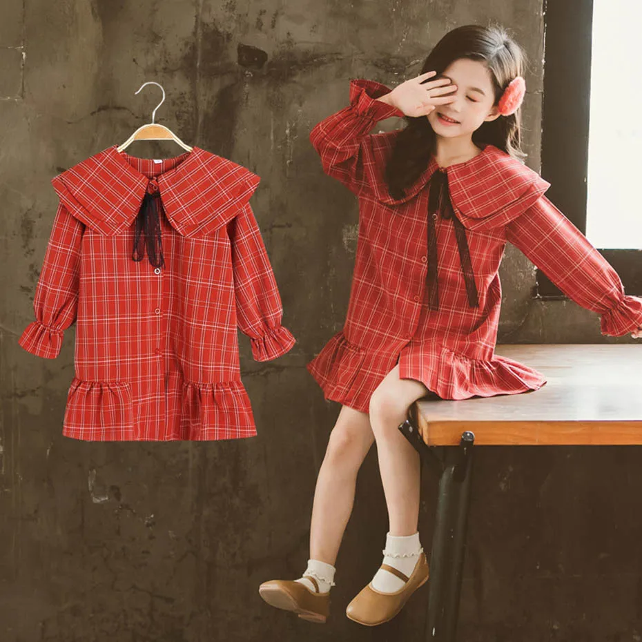 Платье для девочек вечерние ное платье в клетку Модное детское с отложным