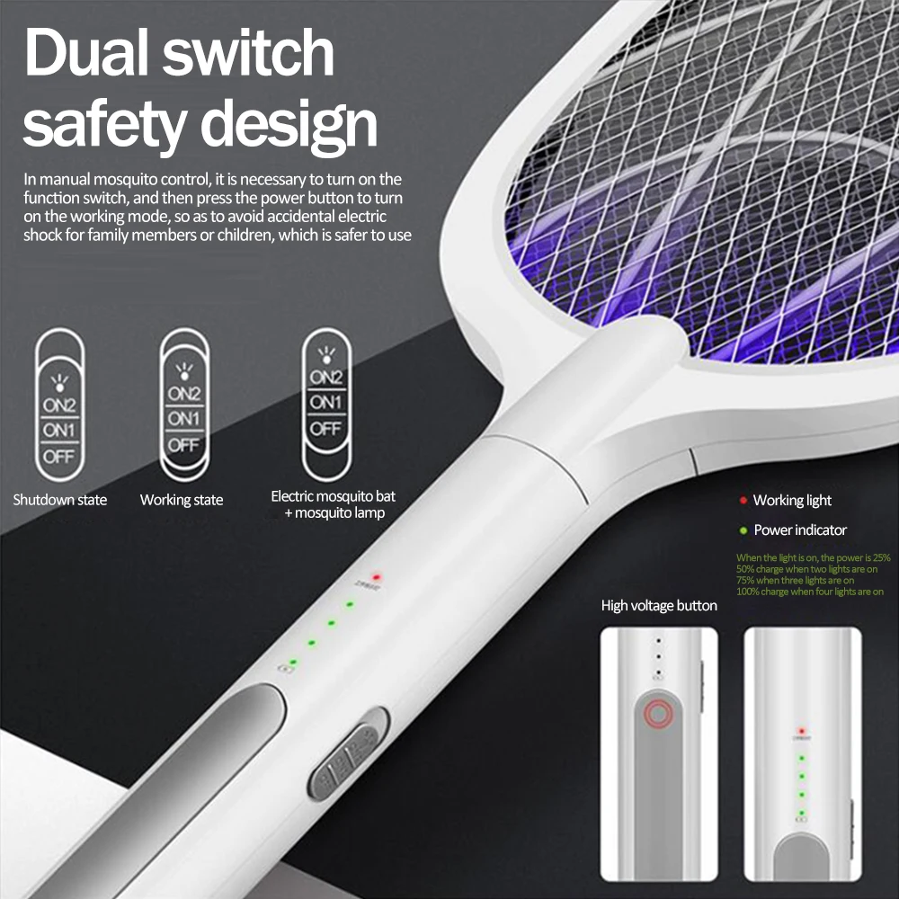 

Insect Racket Killer With UV Lamp 3000V Electric Flying Mosquito Bug Zapper Swatter Tennis Racket Rechargeable Insect Fly Racket