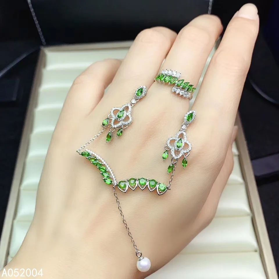 

KJJEAXCMY Fine Jewelry 925 sterling silver inlaid natural diopside ring pendant earring set fashion supports test