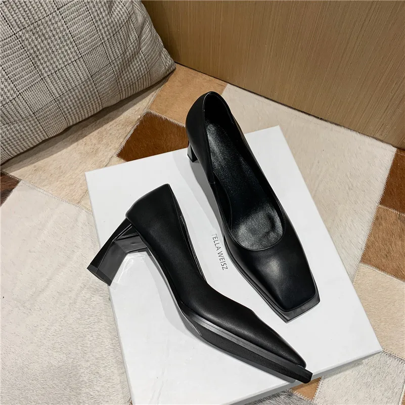 

Meotina Women Pumps Natural Genuine Leather Chunky Heels Shoes Square Toe High Heel Dress Footwear Shallow Shoes Lady Spring