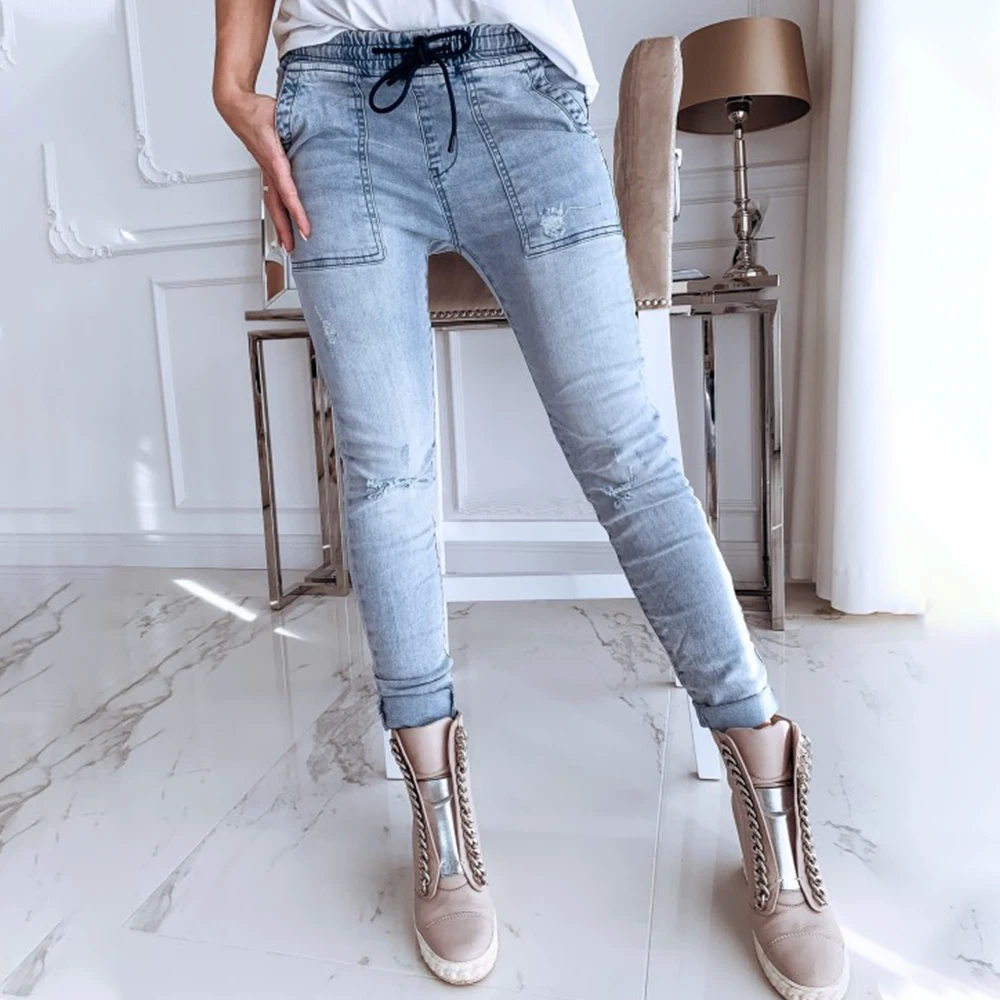 Женские узкие джинсы с низкой талией Синие рваные потертостями повседневные