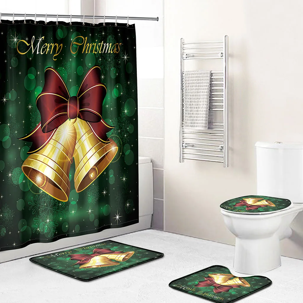 

Christmas bell decoration 3D printing waterproof shower curtain antiskid flannel toilet three piece set with hook shower curtain