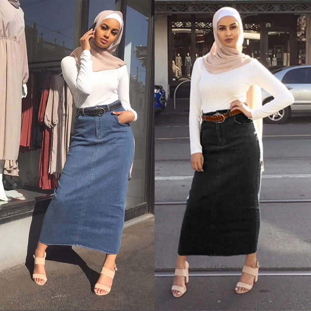 Kalenmos Dubai Arab Muslim Pencil Skirt Women High Waist Strech Bodycon Hips Denim Long Middle East Abaya Islamic Clothing | Тематическая