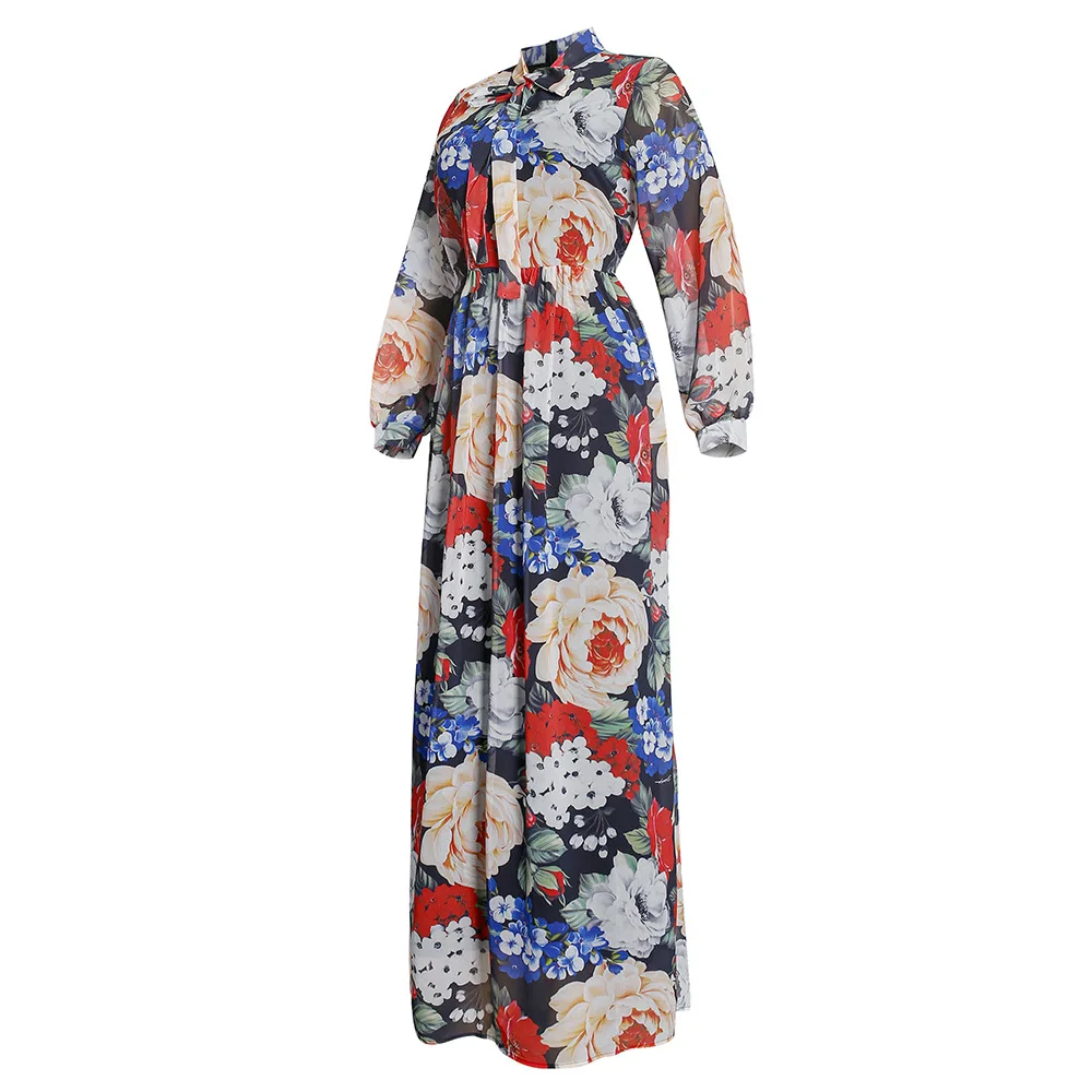 Elegant Chiffon Floral Dress African Print Maxi Dresses for Women Muslim Islamic High Waist Abaya Kaftan Turkish Party Gown