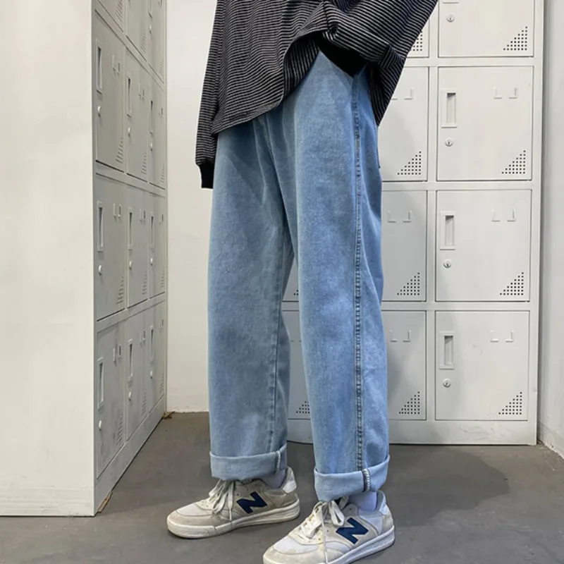 

Spring Summer Blue White Jeans Men Korean Fashion Loose Wide-leg Jeans Men Streetwear Straight Denim Trousers Men