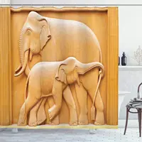 Carved Wooden Mother and Child Baby Elephants African Animals Artistic Design, Polyester Fabric Bathroom Shower Curtain