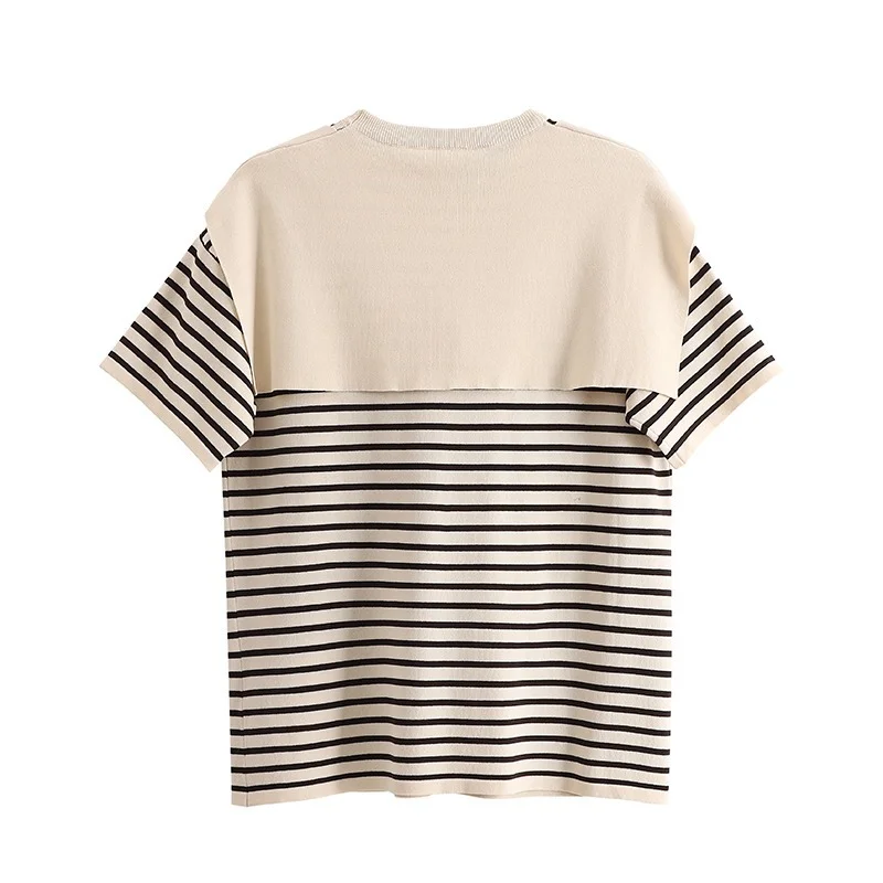 

Kimutomo Striped Fake Two Piece Shawl T-shirt Women 2021 Summer Short Sleeve O-neck Loose Bandage Top Knitwear Korean Chic