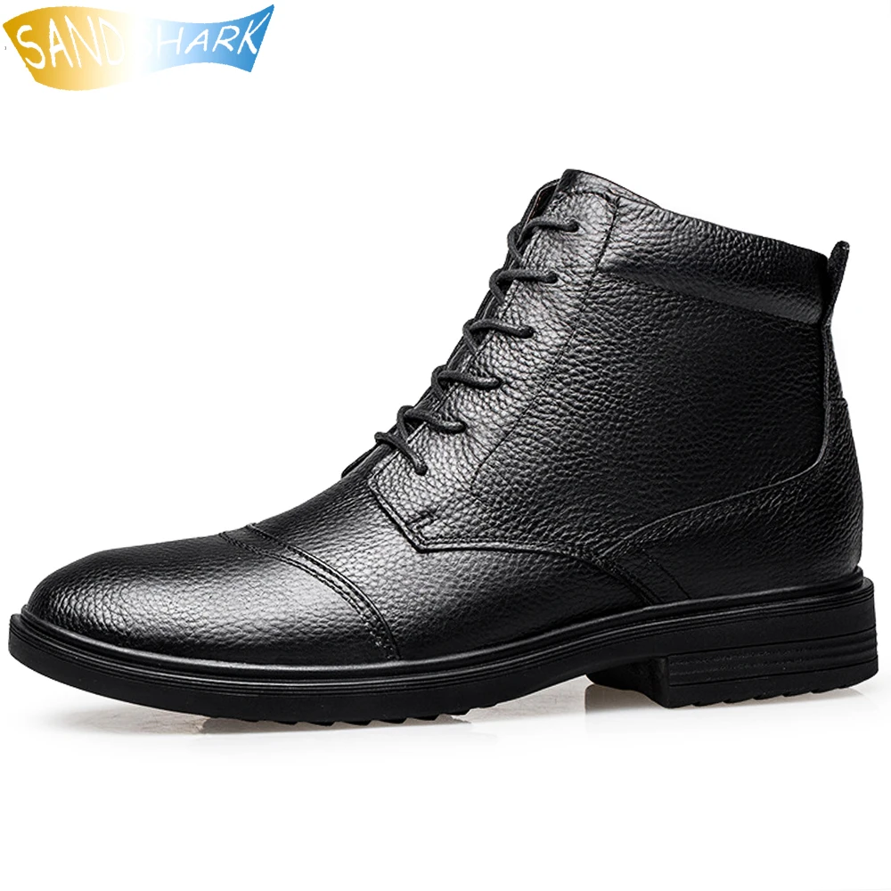 

Genuine Cow Leather Business Boots For Men Warm Winter Plush Snow Shoes Male Comfortable Handmade Luxury Footwear Big Size 36-48