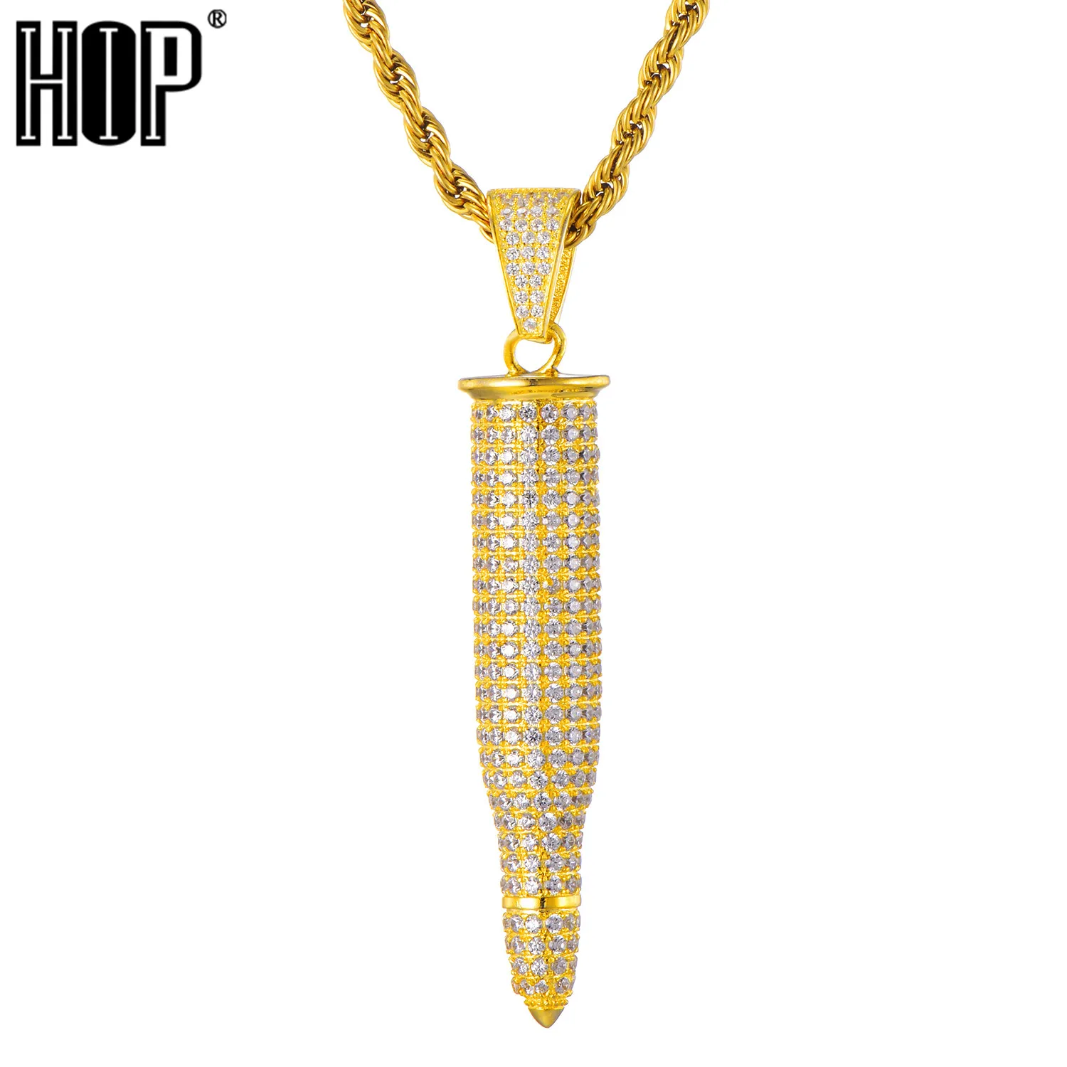 

Iced Out Full Cubic Zircon Bullet Necklaces & Pendants Men's Hip Hop Bling CZ Charm Gift for Men