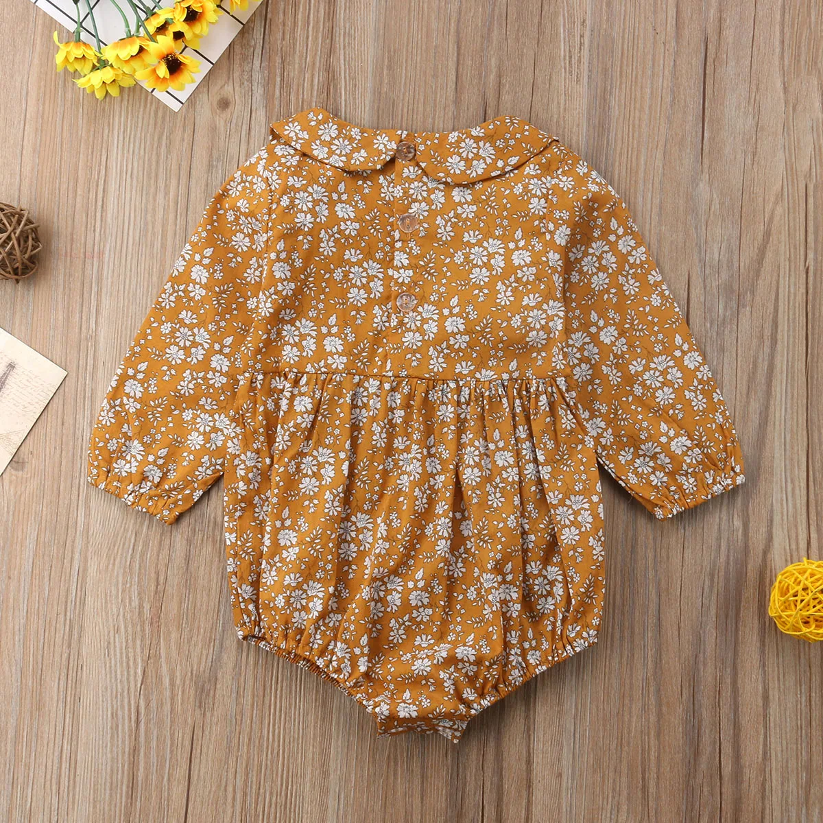 

2020 New Fashion Spring Autumn Toddler Girls Bodysuits Long Sleeve Flowers Peter Pan Collar Jumpsuits Playsuit Yellow Outfit
