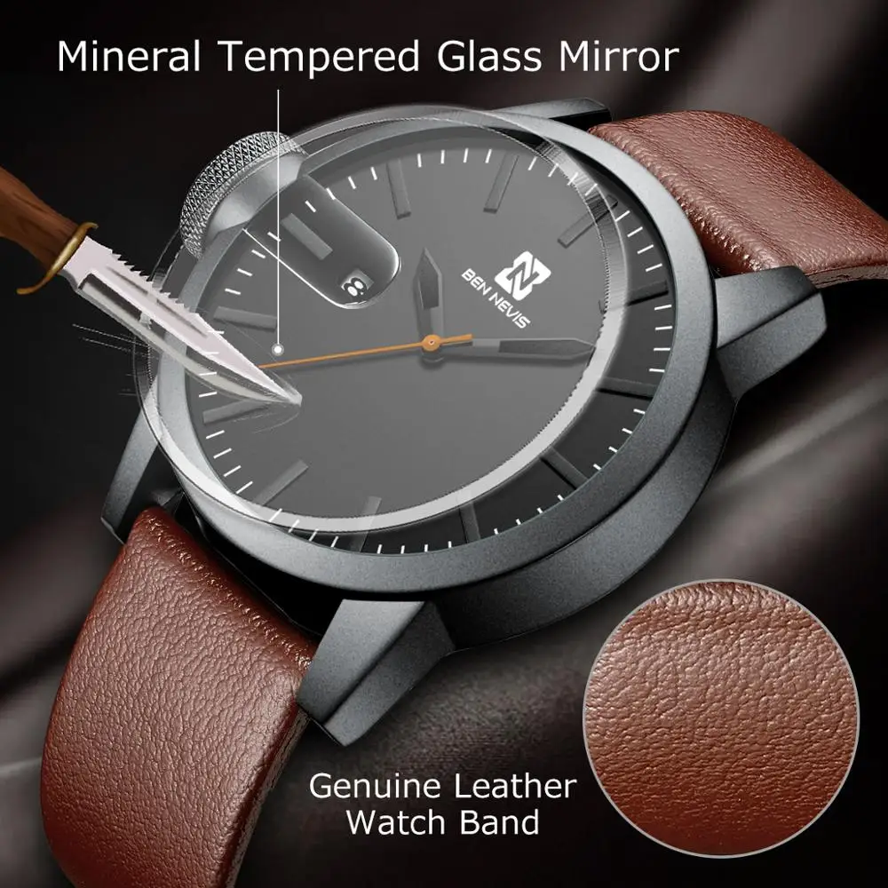 Модные Спортивные кварцевые мужские часы Ben evis с кожаным ремешком Роскошные