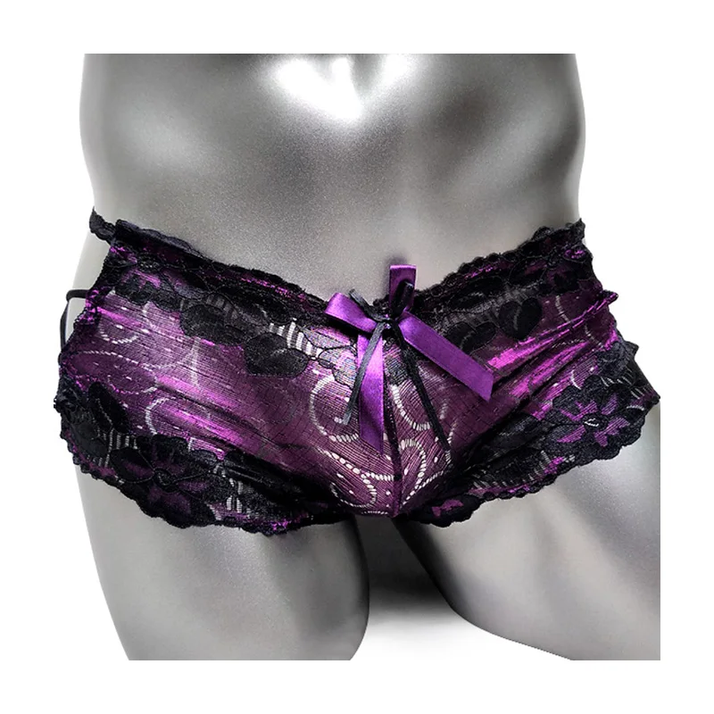 

Shiny Lace Up Mens Sissy Boxers Underwear Sexy Gay Lingerie With Bow Male Shorts Underpants Low Rise Breathable