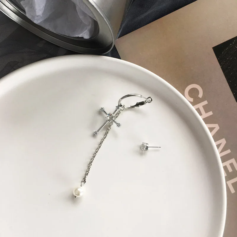 Женские асимметричные серьги с кристаллами корейские длинные цепочки жемчугом и