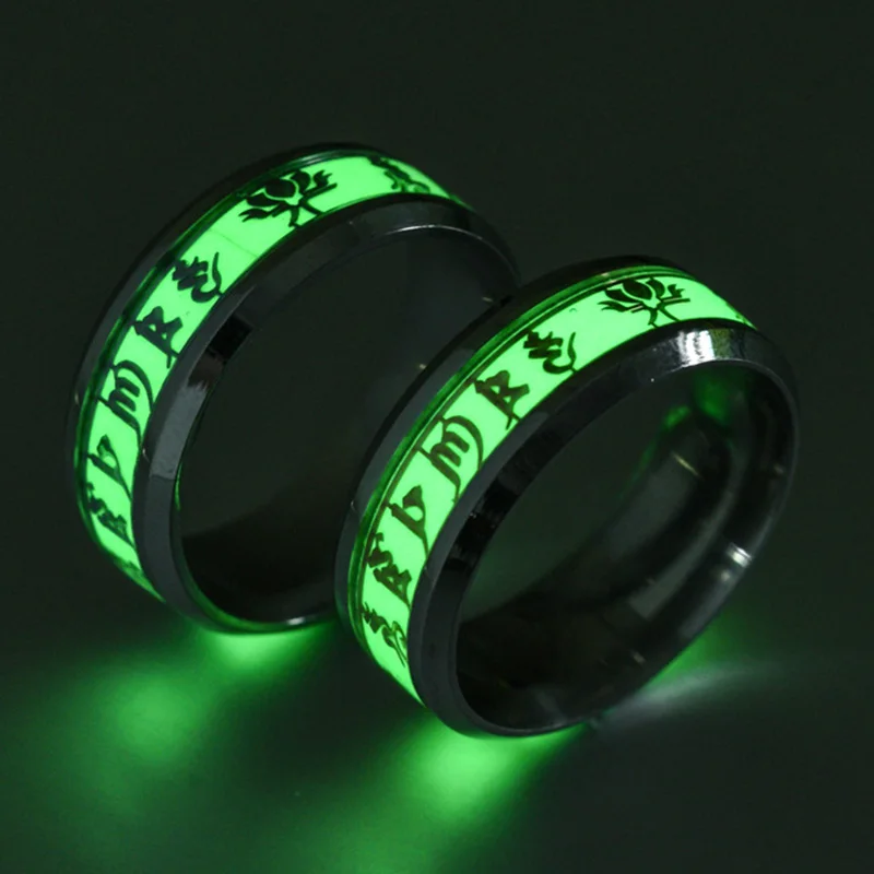 

YWSHK Green Glow in the Dark Stainless Steel Buddhist Six-Character Mantra Wedding Band Luminous Ring Amulet jewelry Wholesale