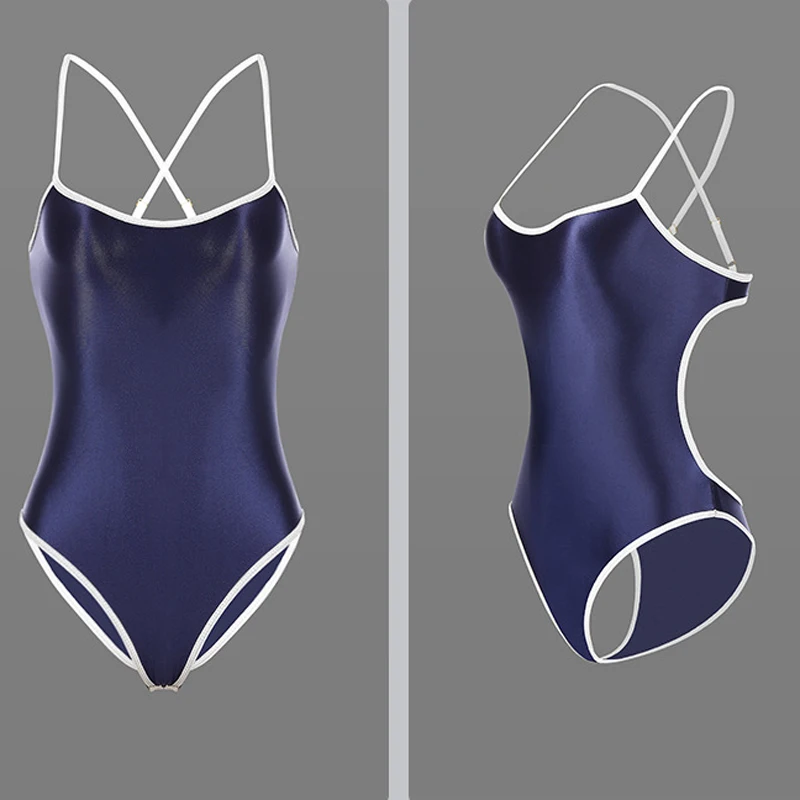Sexy Spaghetti Strap Oil Gloosy Shiny Bathing Suit Women Swimwear Kawaii Cosplay Swimsuit Hollow Out Backless Swimming Body |