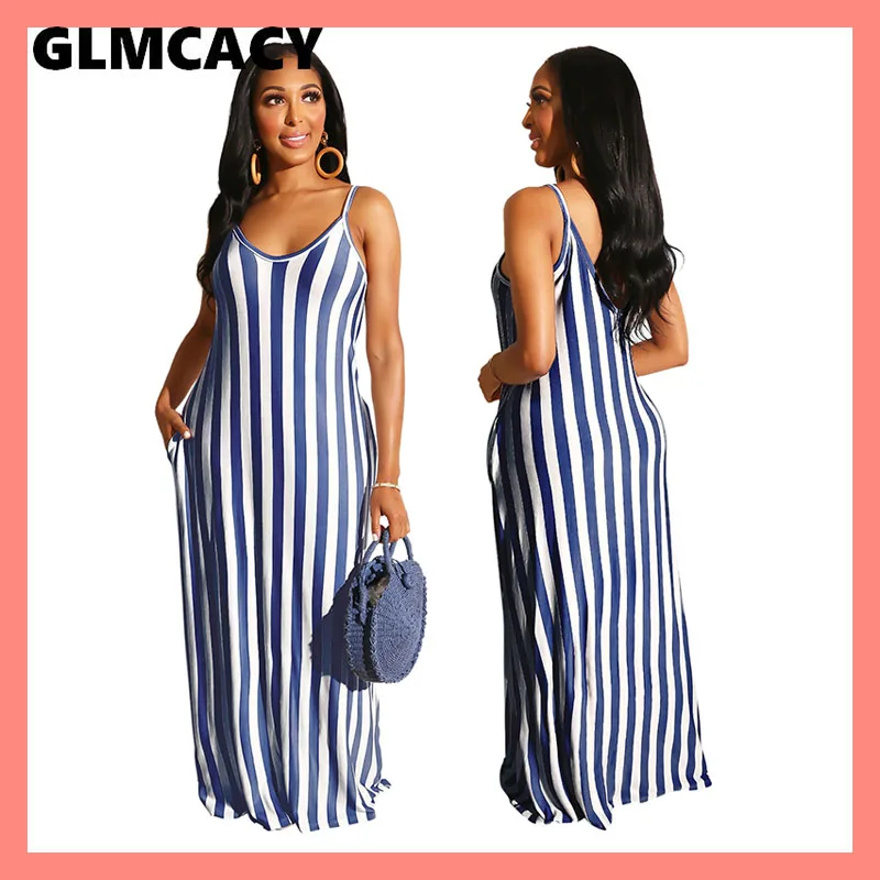 

Women Spaghetti Strap Stripe Printed Sleeveless Maxi Dress Chic Casual Loose Lounge Dresses