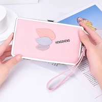women long wallet leaf decoration hasp solid color pu leather coin purses female wristband metal frame credit card holder clutch