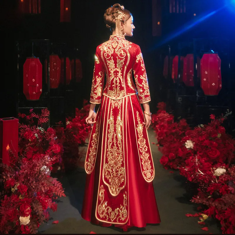 Осеннее китайское Ретро изысканное вышитое Свадебное платье Чонсам