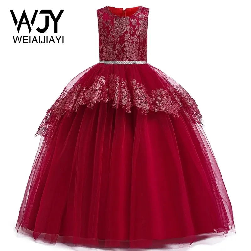 

Милое длинное бальное платье для девочки с круглым вырезом бордового, розового, фиолетового цветов, кружевное свадебное платье для девочки, детское платье, тюлевые платья для торжества