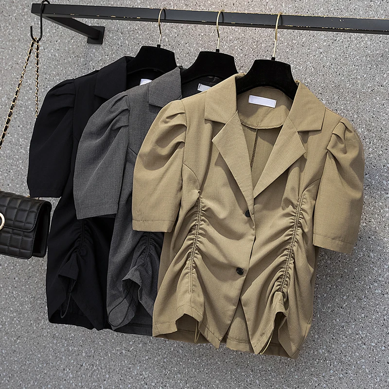 

EHQAXIN Summer Women's Shirt Fashion New Style Suit Collar Short Sleeve Button Tops Drawstring Pleated Small Suit Shirt L-4XL