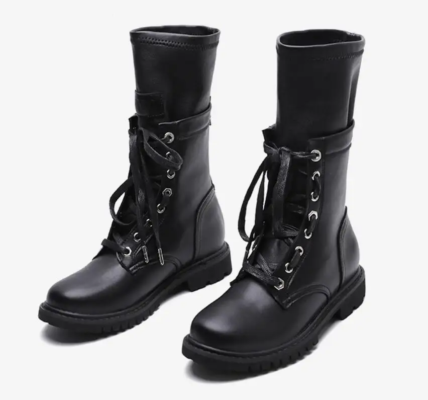 Г. Двухслойные женские ботинки на шнуровке на молнии сзади; Botas; эластичные складные мотоциклетные ботинки; зимние женские ботинки до середины икры - Цвет: Черный