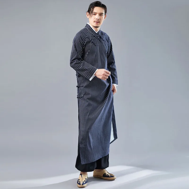 IEFB/Мужская одежда винтажный новый полосатый халат с перекрестным воротником