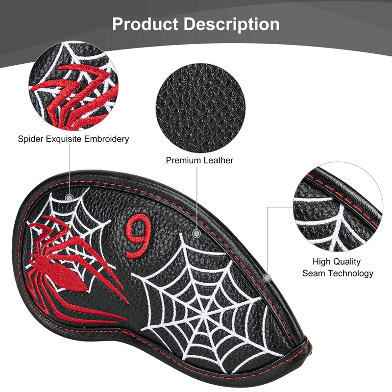 

Golf Iron Head Cover Set with Spider Web Design, Black Synthetic Leather Wedge Headcovers with Skeleton (11Pcs/Lot)