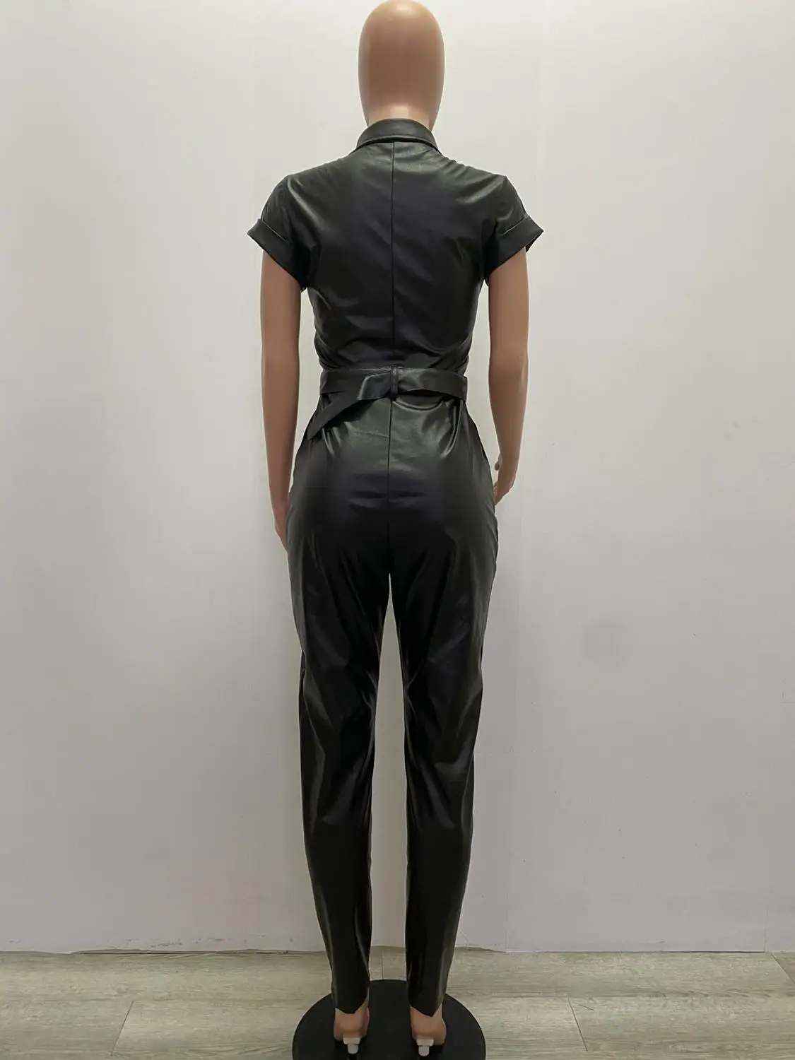 

European fashion solid color sexy nightclub Jumpsuit V-neck zipper short sleeve women's top and pants