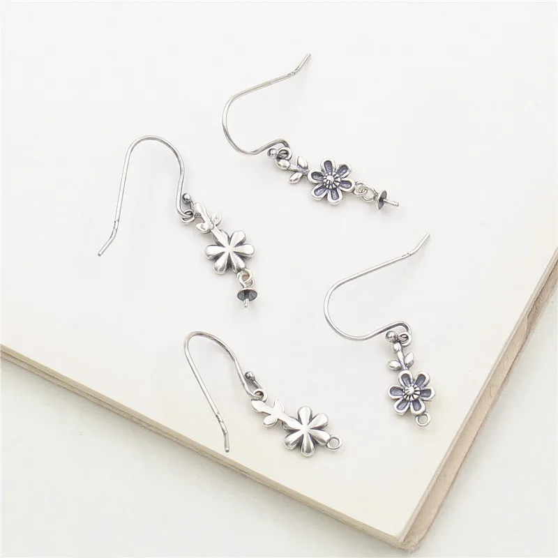 1 Pair 925 Sterling Silver Flower Women's Earrings Retro Style Pearl Ear Hook DIY Jewelry Making Supplies Accessories
