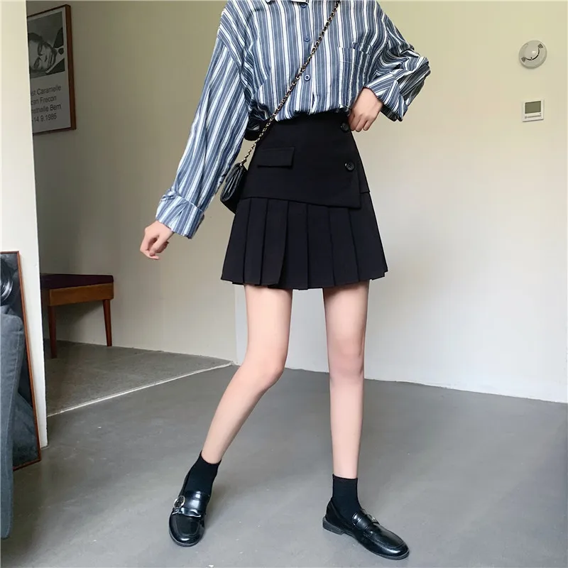 

High Waist A-line Black Pleated Skirt Spring Autumn New Korean Fashion Clothing Asymmetry Button Mini Skirts Womens Hipster Ins
