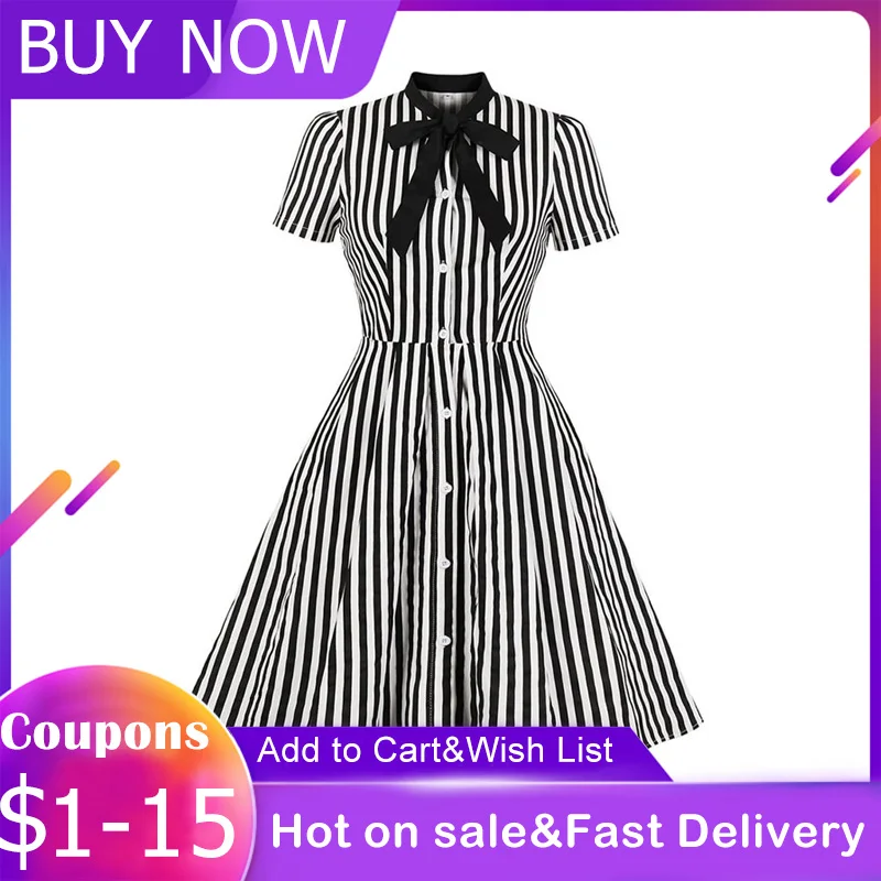 Женское винтажное платье миди в полоску белое с бантом на воротнике коротким